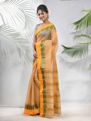 Beige Pure Cotton Taant Saree With Woven Designs Without Blouse 2