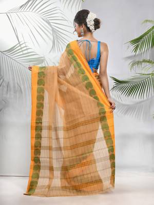 Beige Pure Cotton Taant Saree With Woven Designs Without Blouse 3