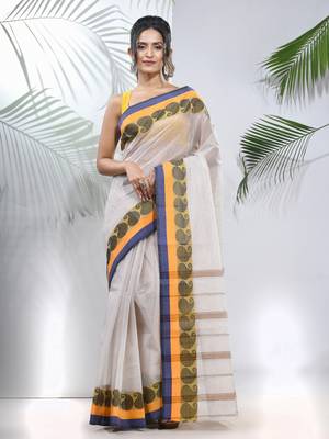 White Pure Cotton Taant Saree With Woven Designs Without Blouse 1