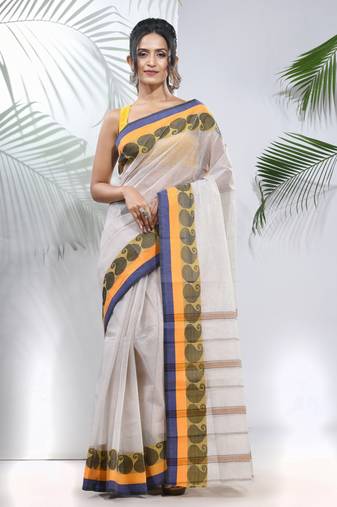 White Pure Cotton Taant Saree With Woven Designs Without Blouse