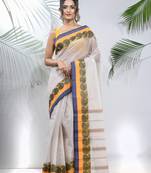 White Pure Cotton Taant Saree With Woven Designs Without Blouse