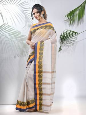 White Pure Cotton Taant Saree With Woven Designs Without Blouse 2