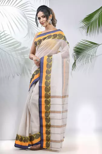 White Pure Cotton Taant Saree With Woven Designs Without Blouse