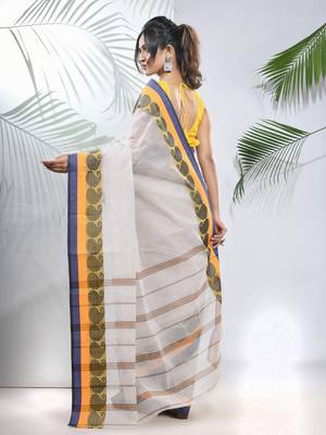White Pure Cotton Taant Saree With Woven Designs Without Blouse 3