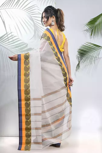 White Pure Cotton Taant Saree With Woven Designs Without Blouse