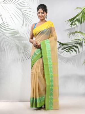 Beige Pure Cotton Taant Saree With Woven Designs Without Blouse 1