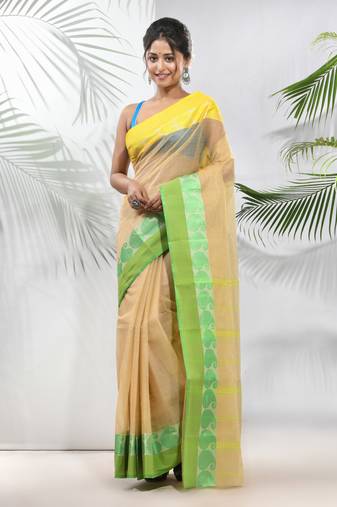 Beige Pure Cotton Taant Saree With Woven Designs Without Blouse