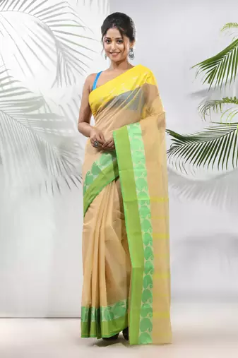 Beige Pure Cotton Taant Saree With Woven Designs Without Blouse