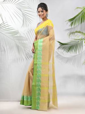 Beige Pure Cotton Taant Saree With Woven Designs Without Blouse 2