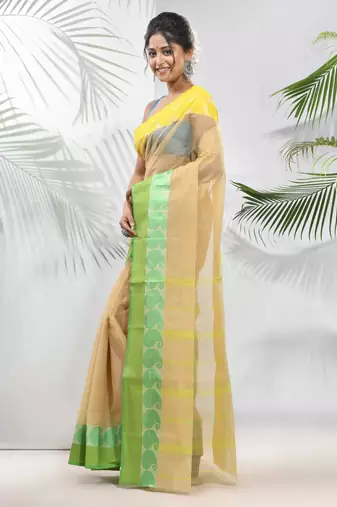 Beige Pure Cotton Taant Saree With Woven Designs Without Blouse