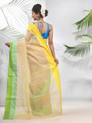 Beige Pure Cotton Taant Saree With Woven Designs Without Blouse 3