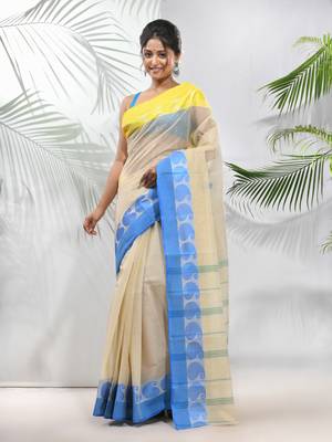 Cream Pure Cotton Taant Saree With Woven Designs Without Blouse 1
