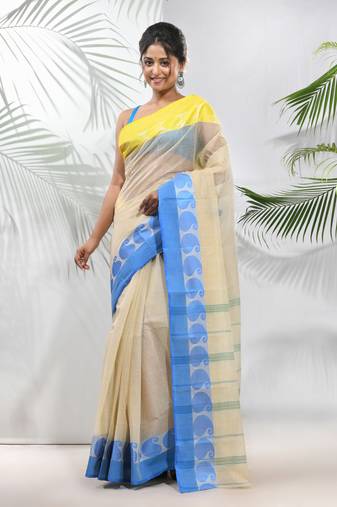 Cream Pure Cotton Taant Saree With Woven Designs Without Blouse
