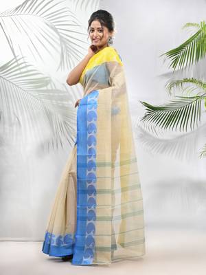 Cream Pure Cotton Taant Saree With Woven Designs Without Blouse 2