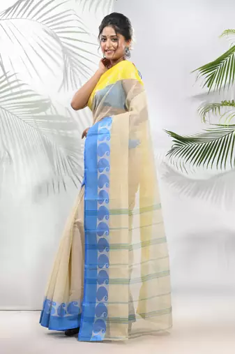 Cream Pure Cotton Taant Saree With Woven Designs Without Blouse