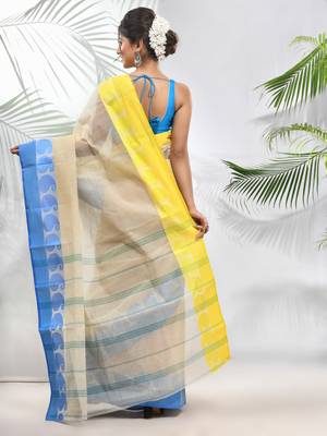 Cream Pure Cotton Taant Saree With Woven Designs Without Blouse 3