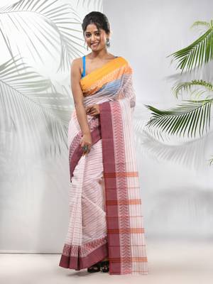 White Pure Cotton Taant Saree With Woven Designs Without Blouse 1
