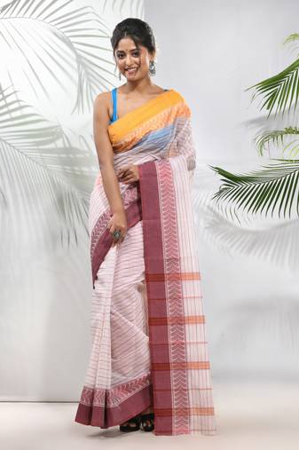 White Pure Cotton Taant Saree With Woven Designs Without Blouse