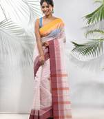 White Pure Cotton Taant Saree With Woven Designs Without Blouse