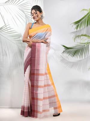 White Pure Cotton Taant Saree With Woven Designs Without Blouse 2