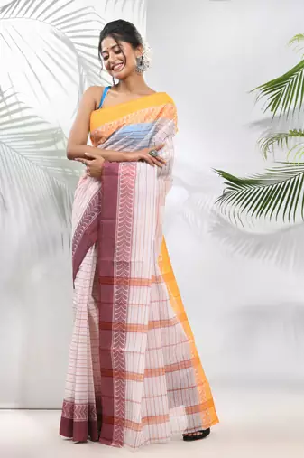 White Pure Cotton Taant Saree With Woven Designs Without Blouse