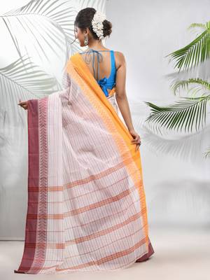 White Pure Cotton Taant Saree With Woven Designs Without Blouse 3
