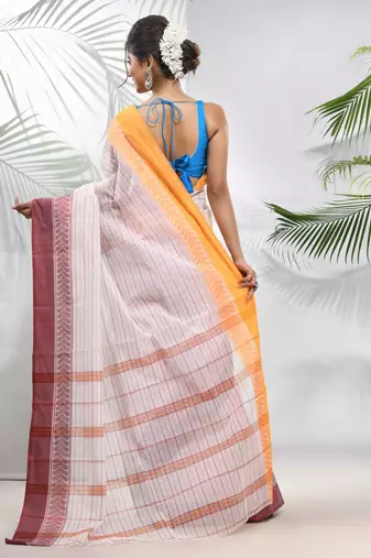 White Pure Cotton Taant Saree With Woven Designs Without Blouse