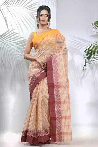 Beige Pure Cotton Taant Saree With Woven Designs Without Blouse