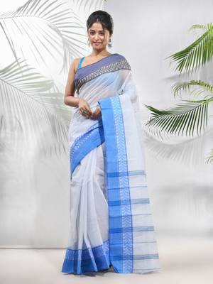 White Pure Cotton Taant Saree With Woven Designs Without Blouse 1