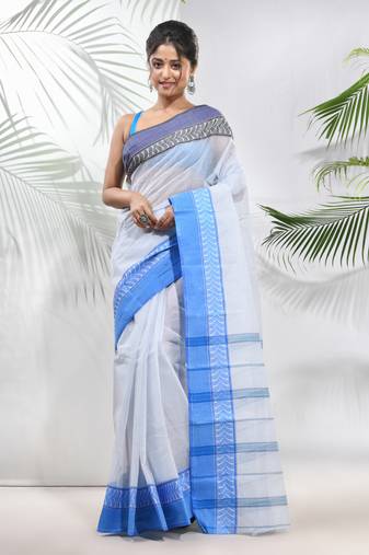 White Pure Cotton Taant Saree With Woven Designs Without Blouse