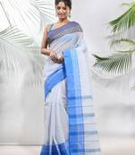 White Pure Cotton Taant Saree With Woven Designs Without Blouse
