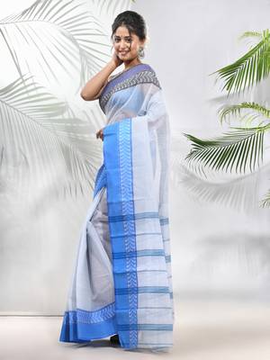 White Pure Cotton Taant Saree With Woven Designs Without Blouse 2