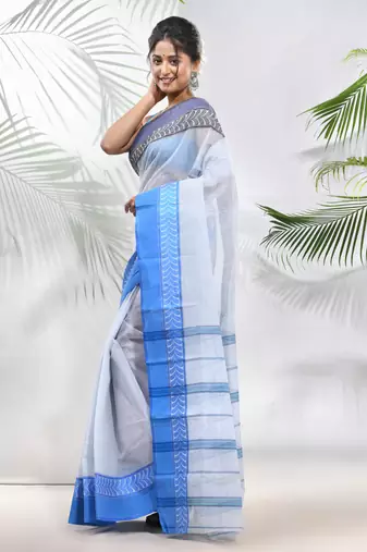 White Pure Cotton Taant Saree With Woven Designs Without Blouse