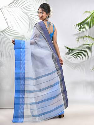 White Pure Cotton Taant Saree With Woven Designs Without Blouse 3