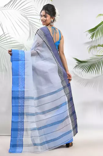 White Pure Cotton Taant Saree With Woven Designs Without Blouse