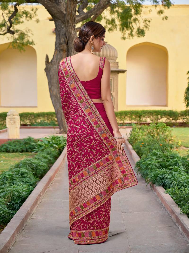  Pink Vichitra Silk Heavy Embroidery designer saree and blouse for women 