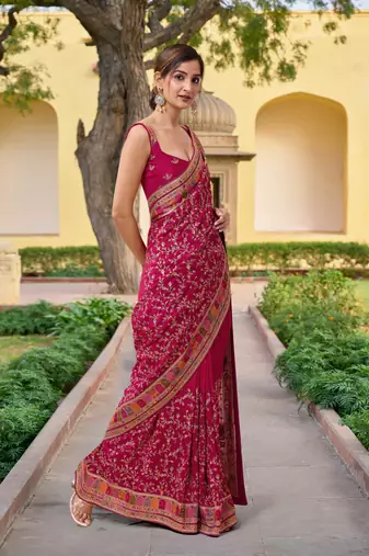 Trendmalls  Pink Vichitra Silk Heavy Embroidery designer saree and blouse for women 