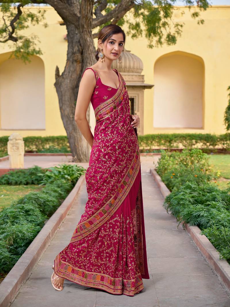  Pink Vichitra Silk Heavy Embroidery designer saree and blouse for women 