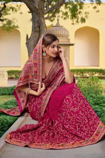 Trendmalls  Pink Vichitra Silk Heavy Embroidery designer saree and blouse for women 