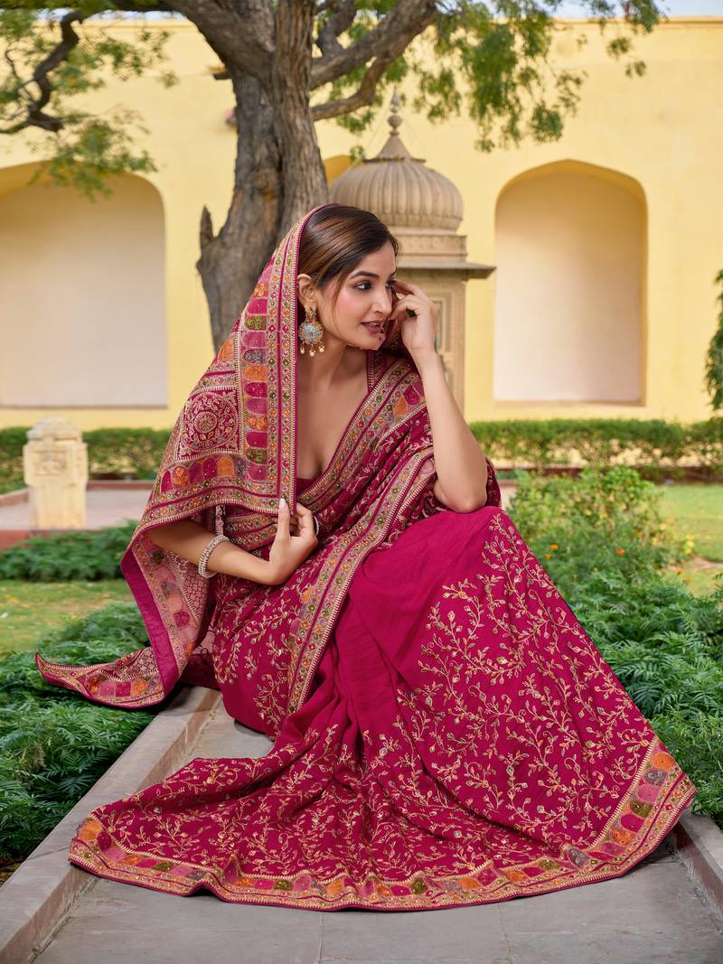  Pink Vichitra Silk Heavy Embroidery designer saree and blouse for women 