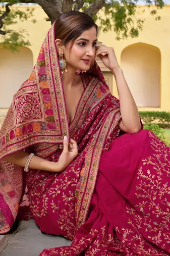 Trendmalls  Pink Vichitra Silk Heavy Embroidery designer saree and blouse for women 