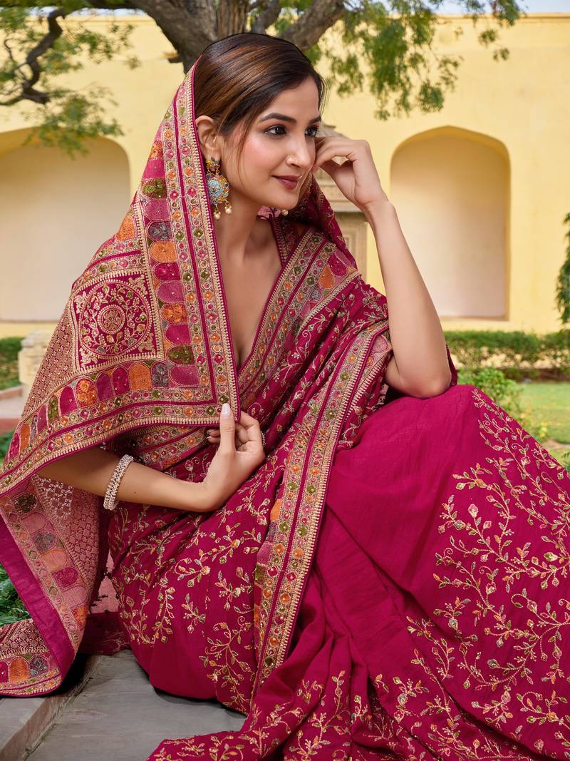  Pink Vichitra Silk Heavy Embroidery designer saree and blouse for women 