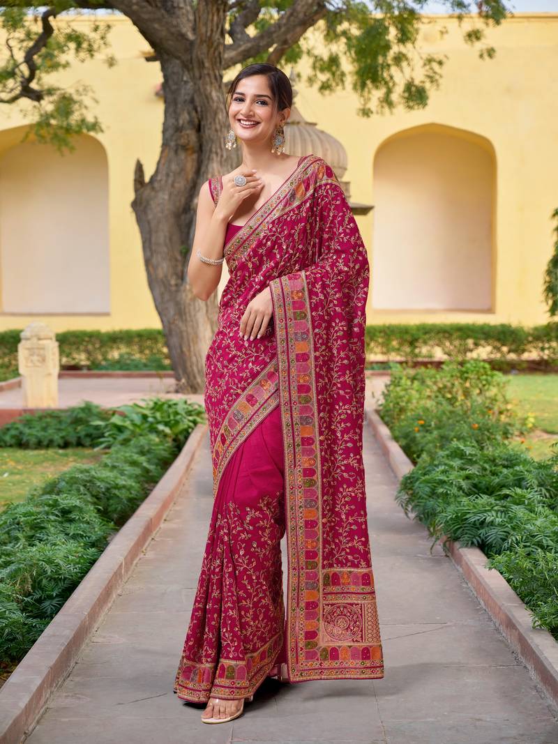  Pink Vichitra Silk Heavy Embroidery designer saree and blouse for women 