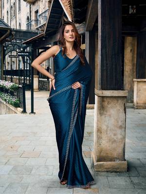 Trendmalls Swarovski Work Border Blue Satin Silk Saree for Women 1