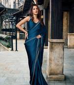 Swarovski Work Border Blue Satin Silk Saree for Women