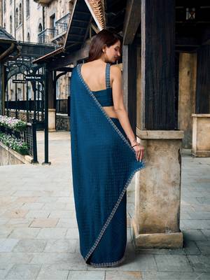 Trendmalls Swarovski Work Border Blue Satin Silk Saree for Women 2