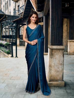 Trendmalls Swarovski Work Border Blue Satin Silk Saree for Women 3
