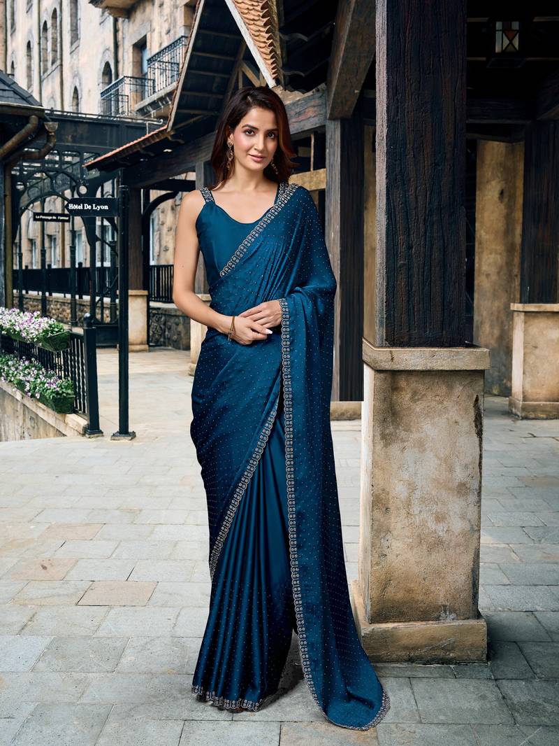 Swarovski Work Border Blue Satin Silk Saree for Women