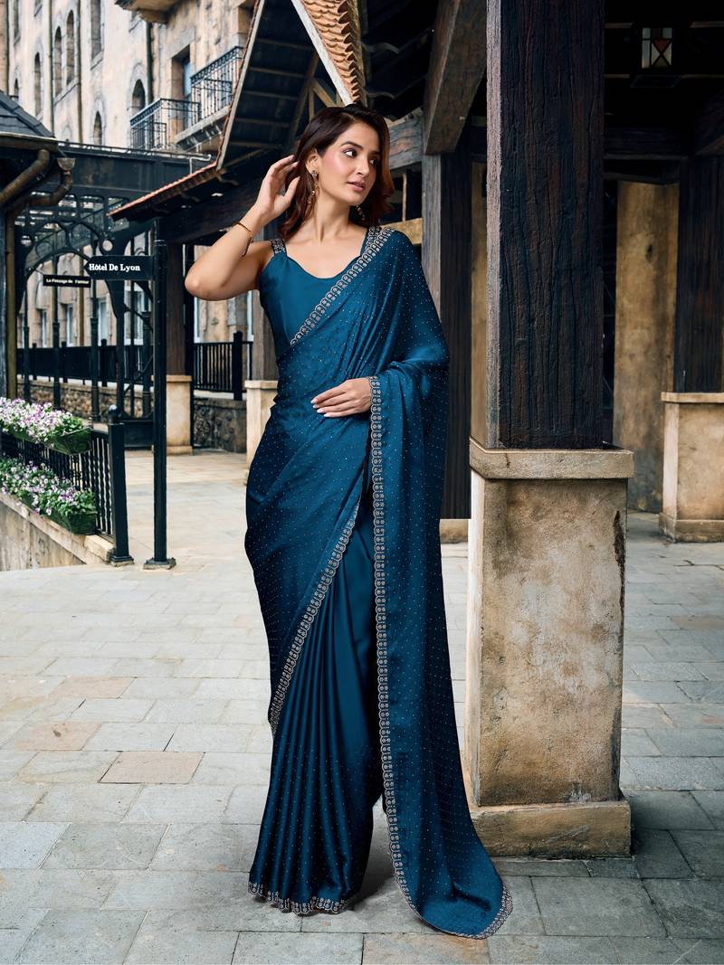Swarovski Work Border Blue Satin Silk Saree for Women
