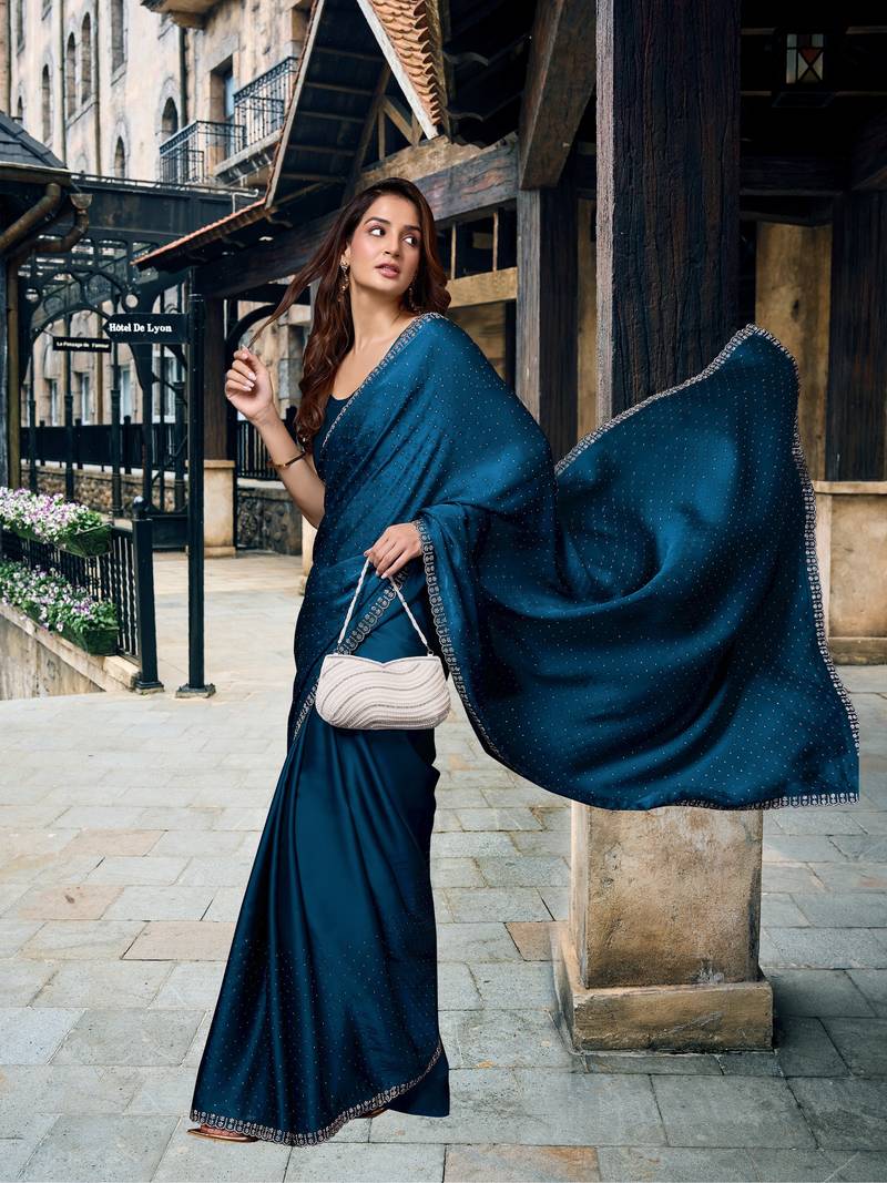 Swarovski Work Border Blue Satin Silk Saree for Women